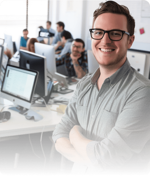 Młody uśmiechnięty mężczyzna, stoi w biurze organizacji pozarządowej wspieranej przez PITax.pl, w tle pozostali pracownicy.