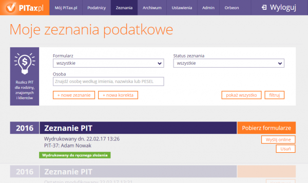 E-PITy na koncie podatnika PITax.pl