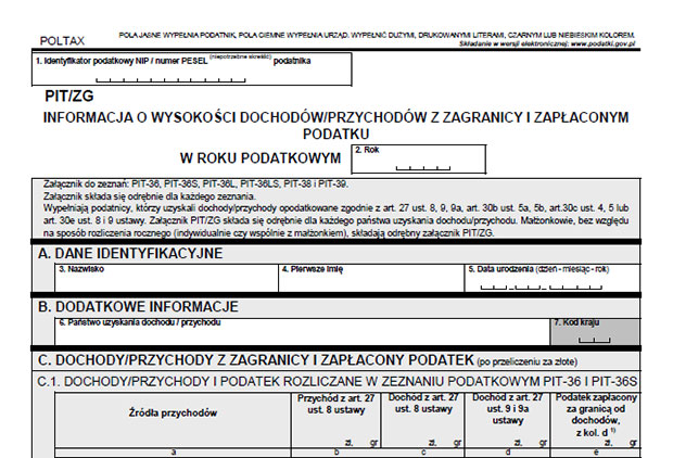 PIT-ZG - załącznik z informacją o dochodach z zagranicy